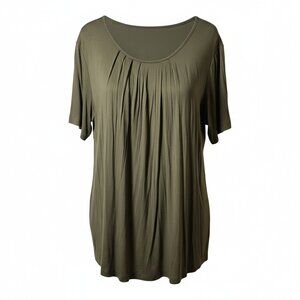 Maner Olive Green Pleated Front Top–Short Sleeve Flowy–Boho Minimalist Size XXL
